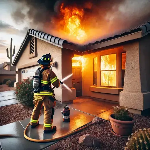 Four Peaks Restoration. Firefighter breaking into an Arizona home that is on fire. Fire Damage Remediation. 4 Peaks Restoration Company