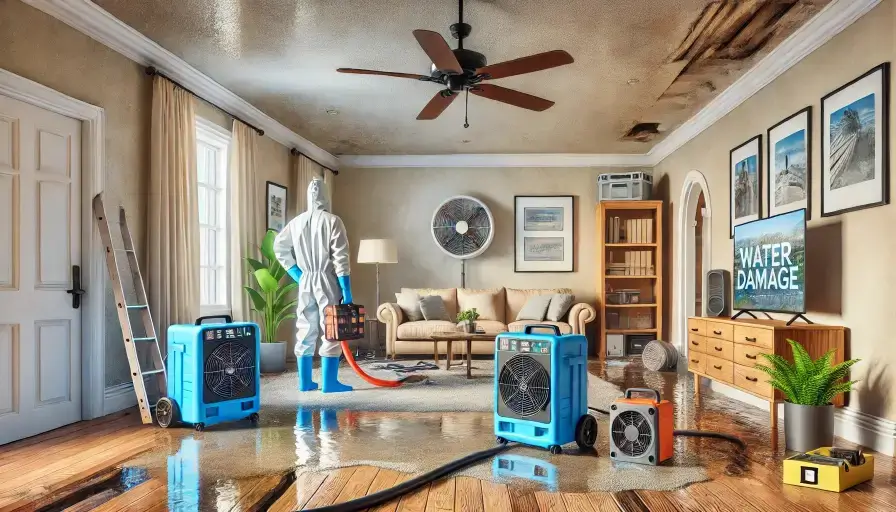 Phoenix Water Restoration. The aftermath of water damage inside a home. Arizona restoration equipment like dehumidifiers and fans