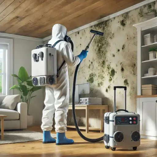 Phoenix, AZ Mold Remediation. - Mold remediation taking place. A professional in protective gear is using advanced equipment to remidy a mold situation