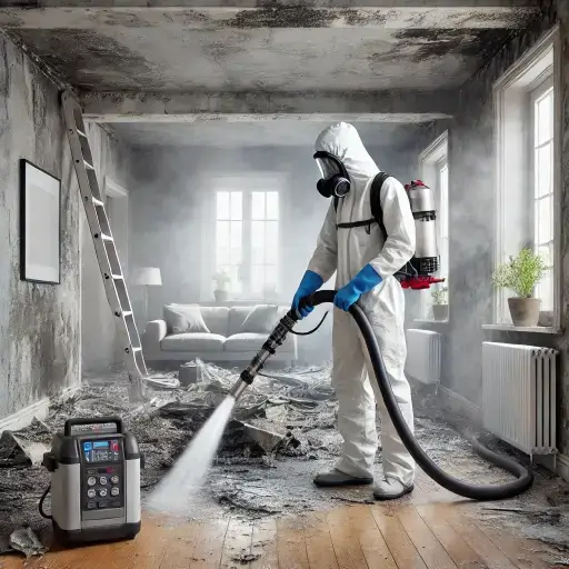 Restoring Safety and Comfort After Fire Damage. Active restoration process, with a focus on a professional cleaning soot and removing smoke particles using specialized equipment.