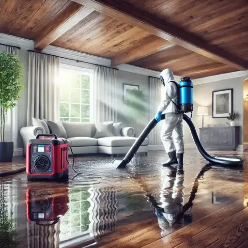 Water Damage Restoration in Phoenix. A home interior with water pooling from a burst pipe, illustrating the urgency of water damage restoration. Flood Damage Cleanup Phoenix