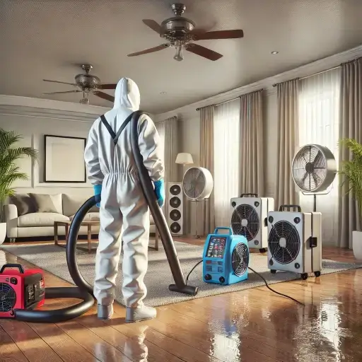 Why Water Damage Restoration is Crucial. The cleanup and drying process, with a professional using advanced equipment to mitigate further damage